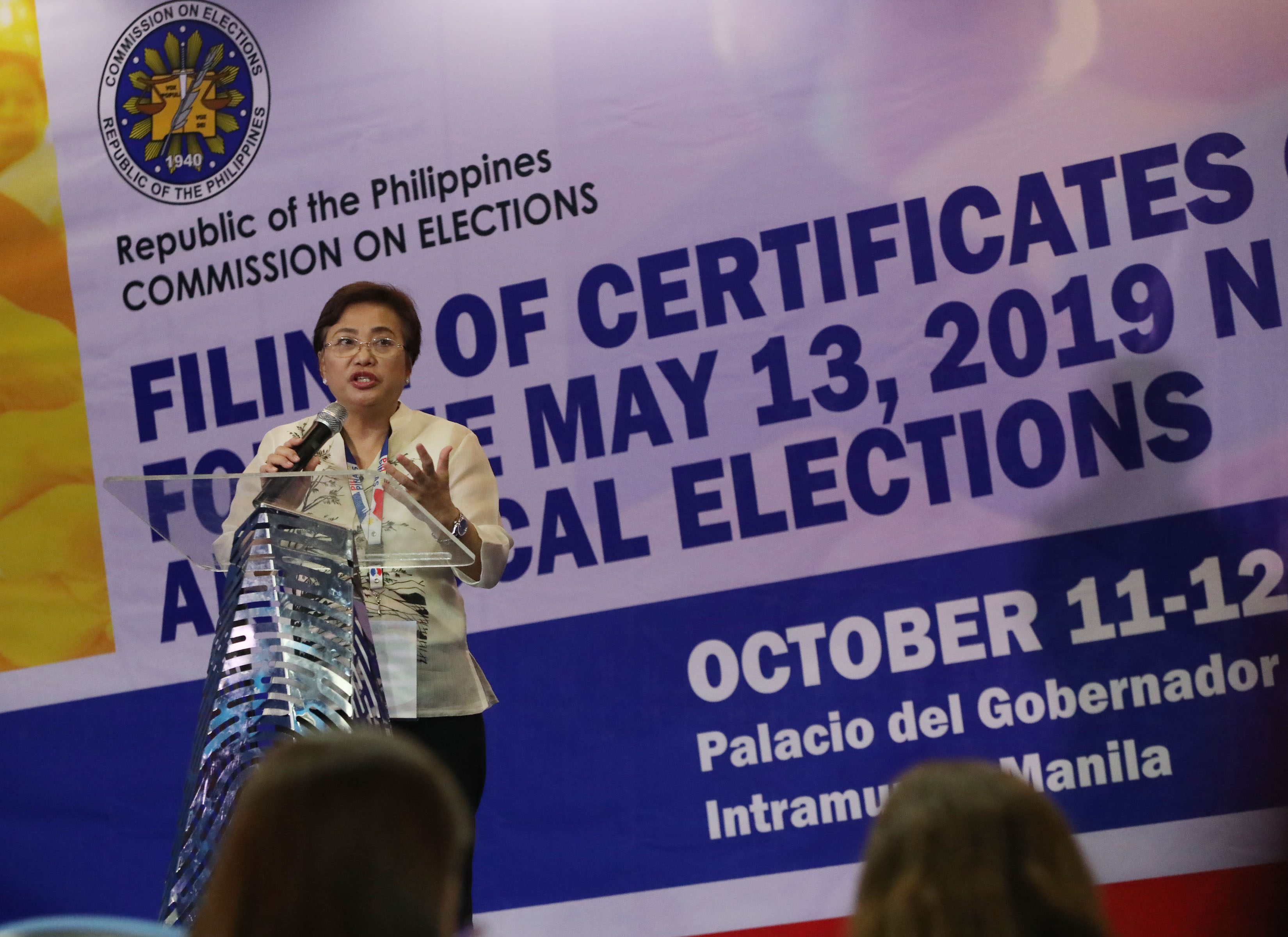 FIRST DAY OF COC FILING. Comelec Commissioner Maria Rowena Amalia Guanzon gives updates during a press conference on the first day of filing of the Certificate of Candidacy (COC) for the May 13, 2019 elections at the Comelec head office in Intramuros Manila on Thursday (October 11, 2018). (PNA photo by Avito C. Dalan)