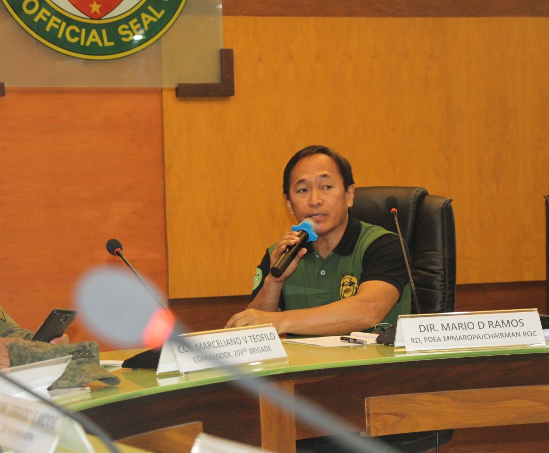 PDEA Mimaropa Regional Director Mario D. Ramos discusses the three-pronged anti-drug approaches during the Regional ICAD Coordinating Group and Regional Oversight Committees on Balay Silangan, Barangay and Jail Drug Clearing Operations Joint Meeting held at Tamaraw Hall, Capitol Complex, Calapan City, Oriental Mindoro on May 29, 2019.  (Photo by Luis T. Cueto/PIA)    