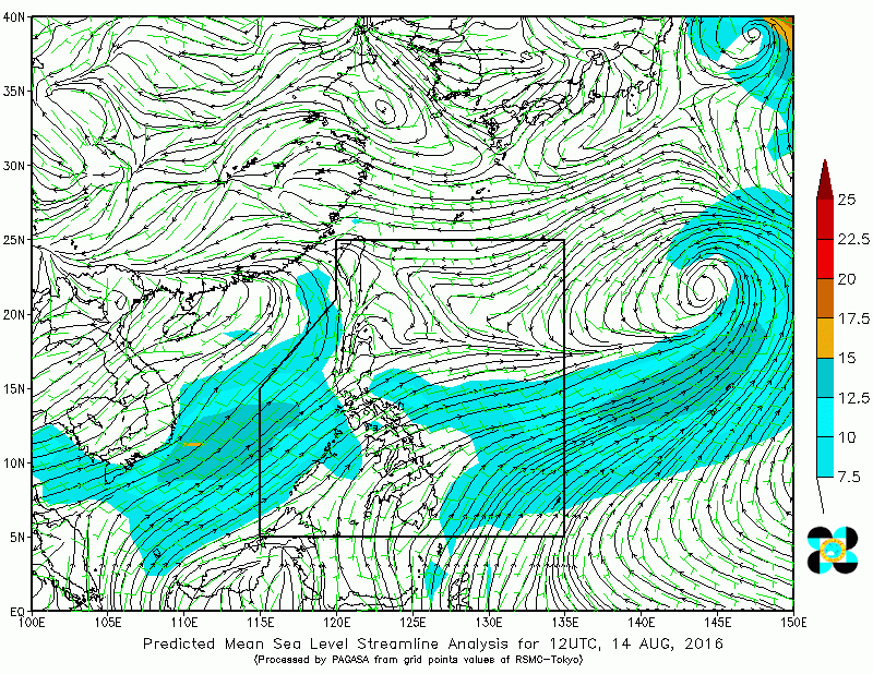 Predicted Mean Sea Level Wind Analysis 8:00 PM today, 14 August 2016.