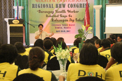 Regional Director Eduardo C. Janairo emphasizing the importance of the BHWs in the delivery of primary health care in the community during the first MIMAROPA BHW Congress held at the Citystate Tower Hotel, Ermita, Manila on April 18, 2017
