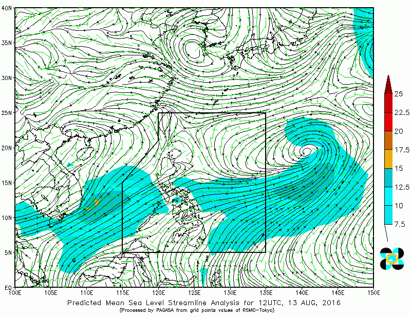 Predicted Mean Sea Level Wind Analysis 8:00 PM today, 13 August 2016.